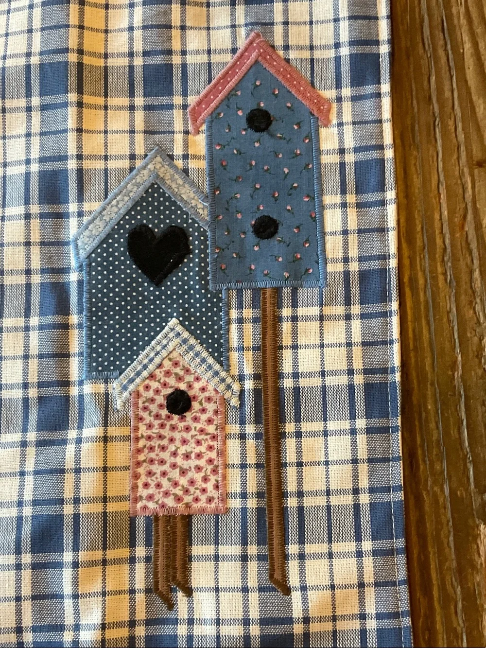 Handmade Blue Plaid Cotton Placemat with Birdhouse Appliqué Accents - set of 2